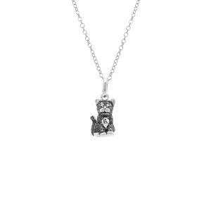 COLLIER ARGENT RHODIÉ PENDENTIF CHAT OXYDES NOIRS ET BLANCS 38+5CM
