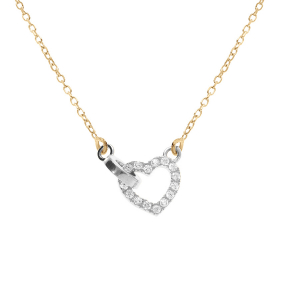 COLLIER CHAINE DORÉ JAUNE ET COEUR ET CERCLE ENTREELACÉ ARGENT RHODIÉ AVEC OXYDE BLANC 40+4CM