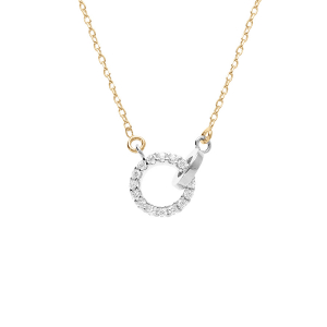 COLLIER CHAINE DORÉ JAUNE ET 2 CERCLES ENTREELACÉS ARGENT RHODIÉ AVEC OXYDE BLANC 40+4CM