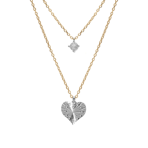 COLLIER ARGENT RHODIÉ ET DORÉ JAUNE COEUR DIAMANTÉ AVEC 1  OXYDE BLANC 40+4CM