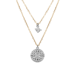 COLLIER ARGENT RHODIÉ ET DORÉ JAUNE ROND DIAMANTÉ AVEC 1  OXYDE BLANC 40+4CM