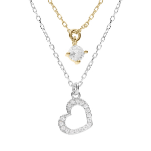 COLLIER ARGENT RHODIÉ ET DORÉ JAUNE COEUR CONTOUR OXYDES BLANCS 40+4CM