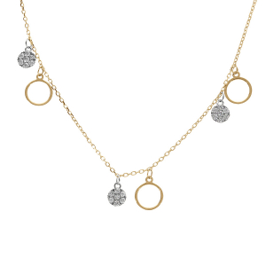 COLLIER ARGENT DORÉ JAUNE CERCLES ET PASTILLES OXYDES BLANCS 40+4CM