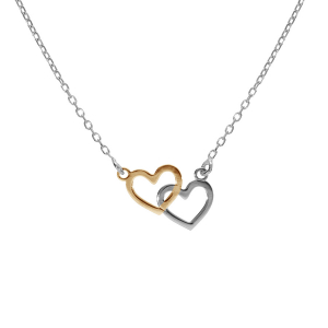COLLIER ARGENT RHODIÉ 2 COEURS LISSES DONT 1 DORÉ JAUNE 40+4CM