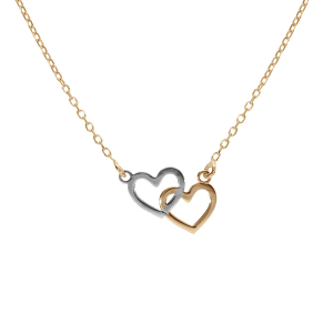COLLIER ARGENT chaine  DORÉ  2 COEURS LISSES -  1 ARGENT RHODIÉ  et 1 ARGENT DORE 40+4CM