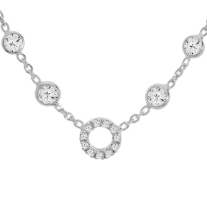 COLLIER ARGENT RHODIÉ CERCLE OXYDES BLANCS SERTIS ET 6 OXYDES EN CHUTE BLANCS SERTIS 39+3CM