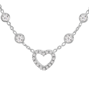 COLLIER ARGENT RHODIÉ COEUR OXYDES BLANCS SERTIS ET 6 OXYDES EN CHUTE BLANCS SERTIS 39+3CM