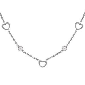 COLLIER ARGENT RHODIÉ COEURS AVEC OXYDES BLANCS SERTIS 41+3CM