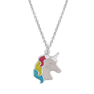 COLLIER ARGENT RHODIÉ PENDENTIF LICORNE RÉSINE BLANCHE ET MULTICOULEUR 35+5CM