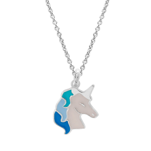 COLLIER ARGENT RHODIÉ PENDENTIF LICORNE RÉSINE BLANCHE ET BLEUE 35+5CM