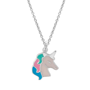 COLLIER ARGENT RHODIÉ PENDENTIF LICORNE RÉSINE BLANCHE ET PASTEL 35+5CM