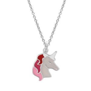 COLLIER ARGENT RHODIÉ PENDENTIF LICORNE RÉSINE BLANCHE ET ROSE 35+5CM