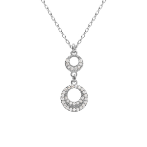 COLLIER ARGENT RHODIÉ PENDENTIF 2 CERCLEs EVIDÉ OXYDES BLANCS 40+4CM