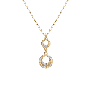 COLLIER ARGENT DORÉ JAUNE PENDENTIF 2 CERCLEs EVIDÉ OXYDES BLANCS 40+4CM