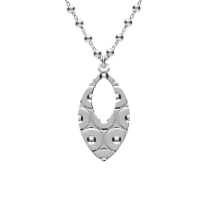 COLLIER ARGENT RHODIÉ CHAINE BOULES PENDENTIF OVALE MARTELÉ 40+5CM