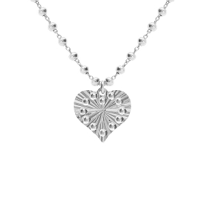 COLLIER ARGENT RHODIÉ CHAINE BOULES PENDENTIF COEUR MARTELÉ 40+5CM