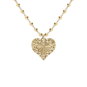 COLLIER ARGENT DORÉ CHAINE BOULES PENDENTIF COEUR MARTELÉ 40+5CM