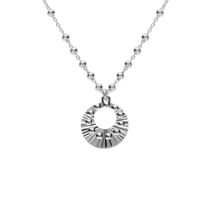COLLIER ARGENT RHODIÉ CHAINE BOULES PENDENTIF CERCLE MARTELÉ 40+5CM