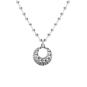 COLLIER ARGENT RHODIÉ CHAINE BOULES PENDENTIF CERCLE MARTELÉ 40+5CM
