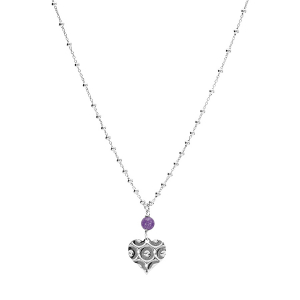 COLLIER ARGENT RHODIÉ CHAINE BOULE PENDENTIF COEUR MARTELÉ AVEC 1 BOULE JADE VIOLETTE VÉRITABLE  40+5CM
