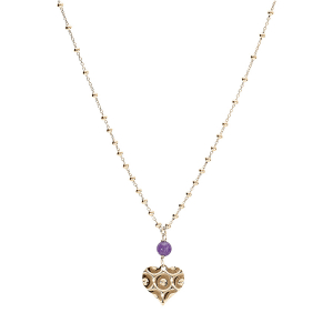 COLLIER ARGENT DORÉ CHAINE BOULE PENDENTIF COEUR MPARTELÉ AVEC 1 BOULE JADE VIOLETTE VÉRITABLE  40+5CM