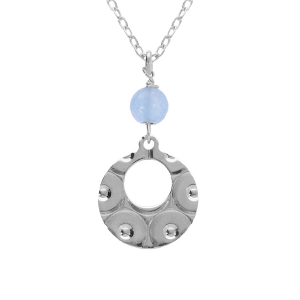 COLLIER ARGENT RHODIÉ PENDENTIF ROND MARTELÉ AVEC 1 BOULE JADE BLEU CIEL 40+5CM