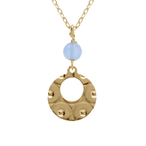 COLLIER ARGENT DORÉ JAUNE PENDENTIF ROND MARTELÉ AVEC 1 BOULE JADE BLEU CIEL 40+5CM