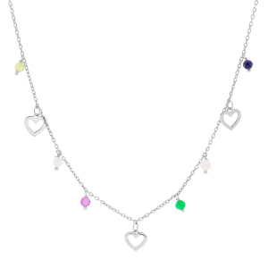 COLLIER ARGENT RHODIÉ COEURS EVIDES ET PERLES FACETÉES NATURELLES 40+4CM