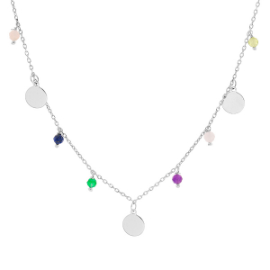 COLLIER ARGENT RHODIÉ PASTILLES LISSES ET PERLES FACETÉES NATURELLES 40+4CM