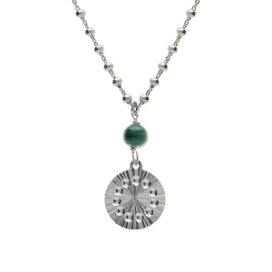 COLLIER ARGENT RHODIÉ CHAINE BOULES PENDENTIF CERCLE DIAMANTÉ AVEC 1 BOULE MALACHITE VÉRITABLE 40+5CM
