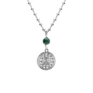 COLLIER ARGENT RHODIÉ CHAINE BOULES PENDENTIF CERCLE DIAMANTÉ AVEC 1 BOULE MALACHITE VÉRITABLE 40+5CM