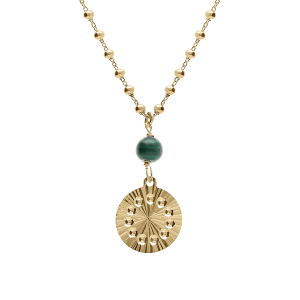 COLLIER ARGENT DORÉ JAUNE CHAINE BOULES PENDENTIF CERCLE DIAMANTÉ AVEC 1 BOULE MALACHITE VÉRITABLE 40+5CM