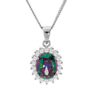 COLLIER ARGENT RHODIÉ PENDENTIF OXYDE MYSTIQUE ARC EN CIEL ET CONTOUR OXYDES BLANCS 42+3CM