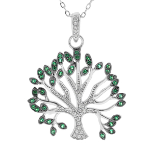 COLLIER ARGENT RHODIÉ MASSIF ARBRE DE VIE OXYDES BLANCS ET VERTS SERTIS 40+5CM