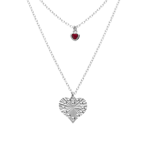 COLLIER ARGENT RHODIÉ DOUBLE CHAINE PENDENTIF COEUR DIAMANTÉ ET 1 OXYDE ROSE 40+5CM