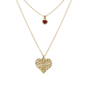 COLLIER ARGENT DORÉ JAUNE DOUBLE CHAINE PENDENTIF COEUR DIAMANTÉ ET 1 OXYDE ROSE 40+5CM
