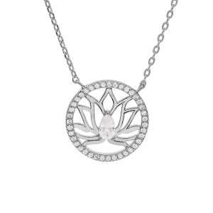 COLLIER ARGENT RHODIÉ FLEUR DE LOTUS CONTOUR CERCLE OXYDES BLANCS SERTIS  39+4CM