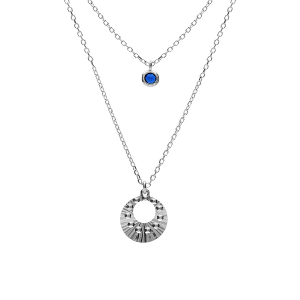 COLLIER ARGENT RHODIÉ DOUBLE CHAINE PENDENTIF DIAMANTÉ ET 1 OXYDE BLEU 40+5CM