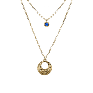 COLLIER ARGENT DORÉ JAUNE DOUBLE CHAINE PENDENTIF DIAMANTÉ ET 1 OXYDE BLEU 40+5CM