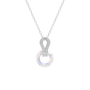 COLLIER ARGENT RHODIÉ PENDENTIF CERCLE VERRE FACETÉ BLANC ET VOLUTE  OXYDES BLANCS SERTIS 44CM REGLABLE 42 ET 40