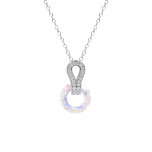 COLLIER ARGENT RHODIÉ PENDENTIF CERCLE VERRE FACETÉ BLANC ET VOLUTE  OXYDES BLANCS SERTIS 44CM REGLABLE 42 ET 40