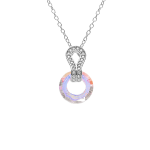 COLLIER ARGENT RHODIÉ PENDENTIF CERCLE VERRE FACETÉ BLANC ET VOLUTE  OXYDES BLANCS SERTIS 44CM REGLABLE 42 ET 40