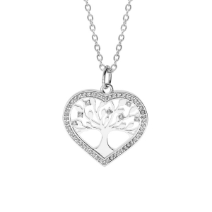 COLLIER ARGENT PLATINÉ PENDENTIF COEUR AVEC ARBRE DE VIE CONTOUR OXYDES BLANCS SERTIS 42+3CM