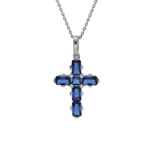 COLLIER ARGENT RHODIÉ PENDENTIF CROIX OXYDES BLEUS 38+5CM