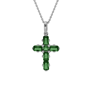 COLLIER ARGENT RHODIÉ PENDENTIF CROIX OXYDES VERTS 38+5CM