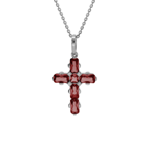 COLLIER ARGENT RHODIÉ PENDENTIF CROIX OXYDES ROUGES 38+5CM