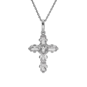 COLLIER ARGENT RHODIÉ PENDENTIF CROIX OXYDES BLANCS 38+5CM