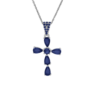 COLLIER ARGENT RHODIÉ PENDENTIF CROIX OXYDES BLEU FONCÉ 38+5CM