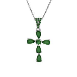 COLLIER ARGENT RHODIÉ PENDENTIF CROIX OXYDES VERT  38+5CM