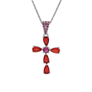 COLLIER ARGENT RHODIÉ PENDENTIF CROIX OXYDES ROUGES 38+5CM